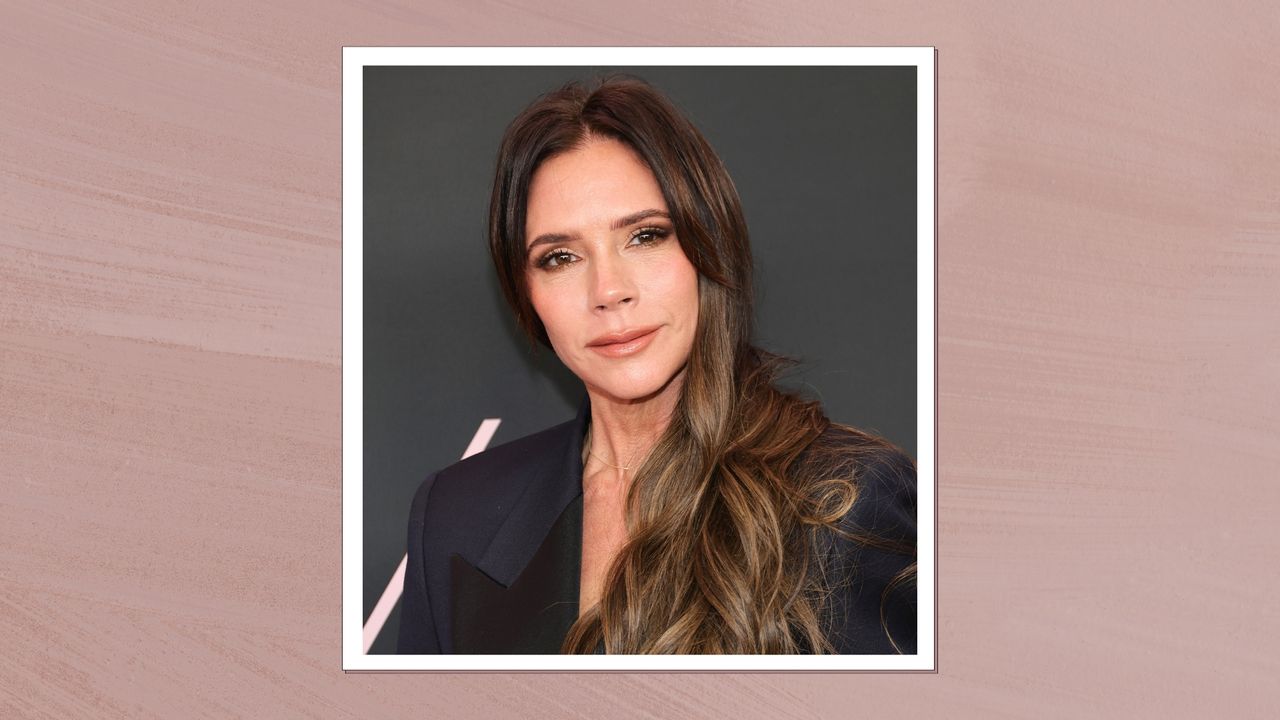 Victoria Beckham is pictured with smoky eye makeup, long wavy hair and wearing a black blazer at the premiere of &quot;Lola&quot; at Regency Bruin Theatre on February 03, 2024 in Los Angeles, California/ in a mauve template