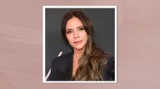 Victoria Beckham is pictured with smoky eye makeup, long wavy hair and wearing a black blazer at the premiere of "Lola" at Regency Bruin Theatre on February 03, 2024 in Los Angeles, California/ in a mauve template