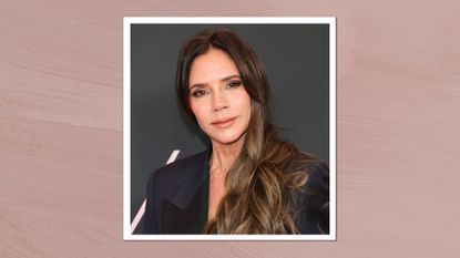 Victoria Beckham is pictured with smoky eye makeup, long wavy hair and wearing a black blazer at the premiere of "Lola" at Regency Bruin Theatre on February 03, 2024 in Los Angeles, California/ in a mauve template