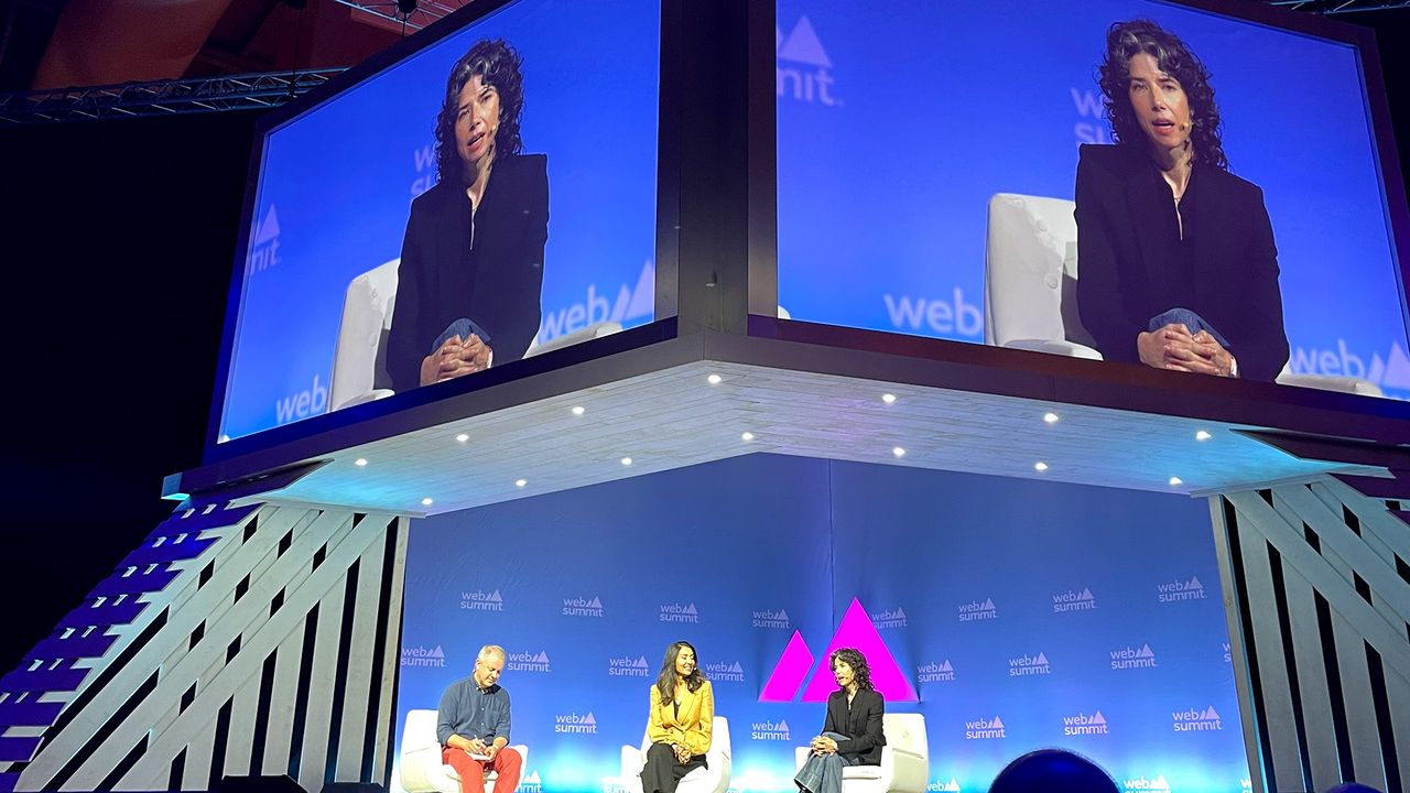 On stage from the left Rob Pegoraro (PCMag), Veena Dubal (Professor of Law UC Irvine) and Meredith Whittaker (President Signal) on the first day of Web Summit, November 14, 2023.