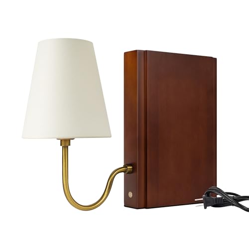 Aels Wooden Bookshelf Lamp With Bulb, Table Lamp With Linen Shade, 3-Color Dimmable Touch Control, Modern Decorative Bookend, Book Sconce for Office Home Bedroom Bookshelf, Dark Brown