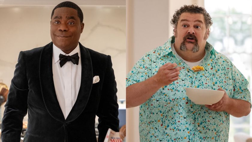 Tracy Morgan as Reggie in a tux and Bobby Moynihan as Rusty eating cereal in the Fall and Rise of Reggie Dinkins