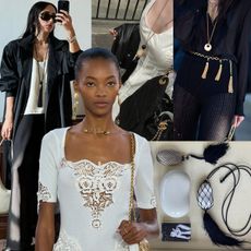 A collage of women wearing tassel accented fashion pieces.