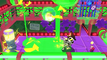 A wizard electrocutes himself in a room filled with green goo.