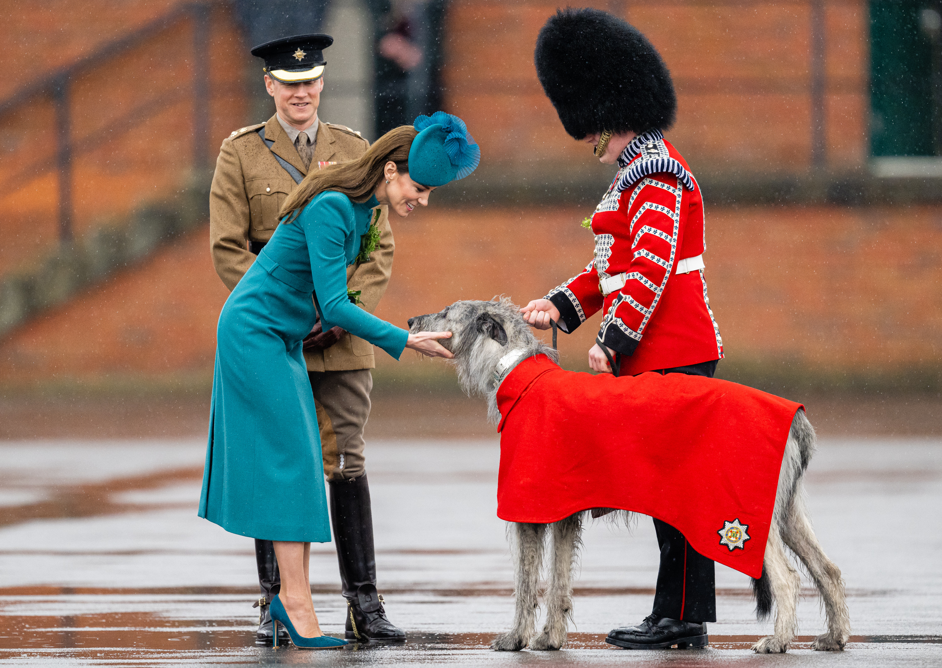 The Princess of Wales, dressed in teal, gently strokes the head of the Irish Guards' mascot, an Irish Wolfhound wearing a red ceremonial coat. The dog is held by a Guardsman in full uniform, while another officer looks on, smiling. The scene takes place outdoors on a damp parade ground, with light rain falling.