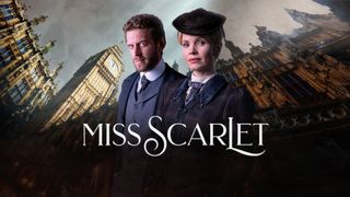 Miss Scarlet key art showing Miss Scarlet and Alexander Blake standing in front of tall buildings