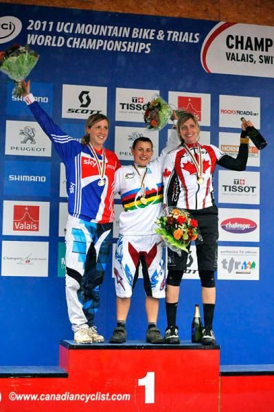 Elite women's downhill podium (l-r): Rachel Atherton (Great Britain), Emmeline Ragot (France), Claire Buchar (Canada)