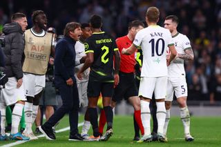 Antonio Conte, Manager of Tottenham Hotspur remonstrates with Match referee, Danny Makkelie during the UEFA Champions League group D match between Tottenham Hotspur and Sporting CP at Tottenham Hotspur Stadium on October 26, 2022 in London, England.
