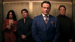 Eiza Gonzalez, James Marsden and Vince Vaughn are shown in an elevator in Mike & Nick & Nick & Alice.