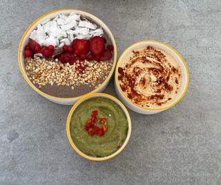 How we test blenders: a smoothie bowl. guacamole, and hummus on the countertop