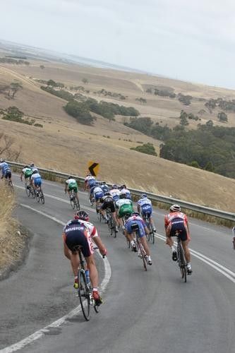 The peloton descends towards Goolwa
