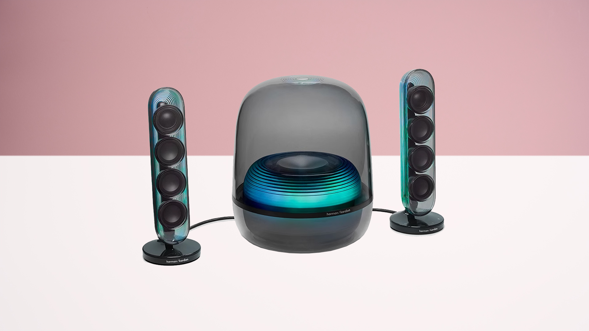 The Harman Kardon Soundsticks 5 wi-fi on a white surface