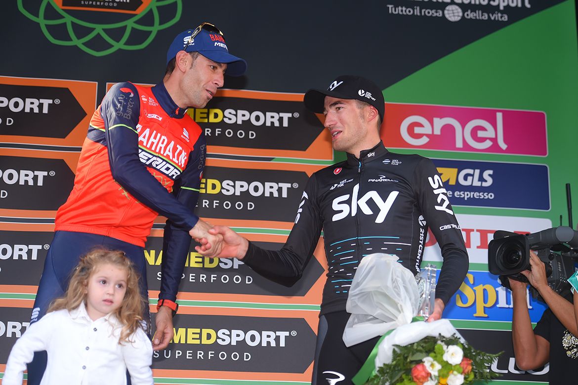 Vincenzo Nibali (Bahrain-Merida) with Gianni Moscon (Sky) on the podium