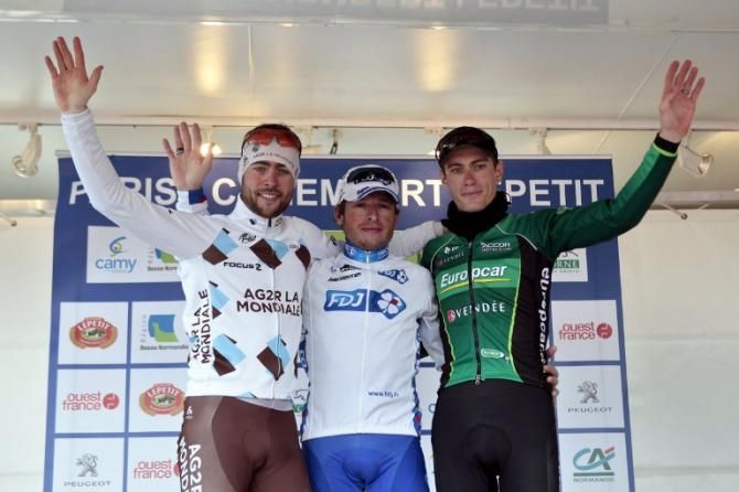 2013 Paris-Camembert podium (L-R): Sylvain Georges (AG2R La Mondiale), Pierrick F&eacute;drigo (FDJ) and Pierre Rolland (Europcar)