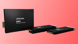 A modified promotional image for Micron's 9650 NVMe PCIe 6.0 SSDs, with the original black background swapped for a gradient red one.