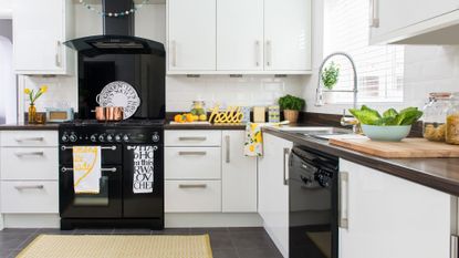 kitchen with white fixtures and kitchen chimney