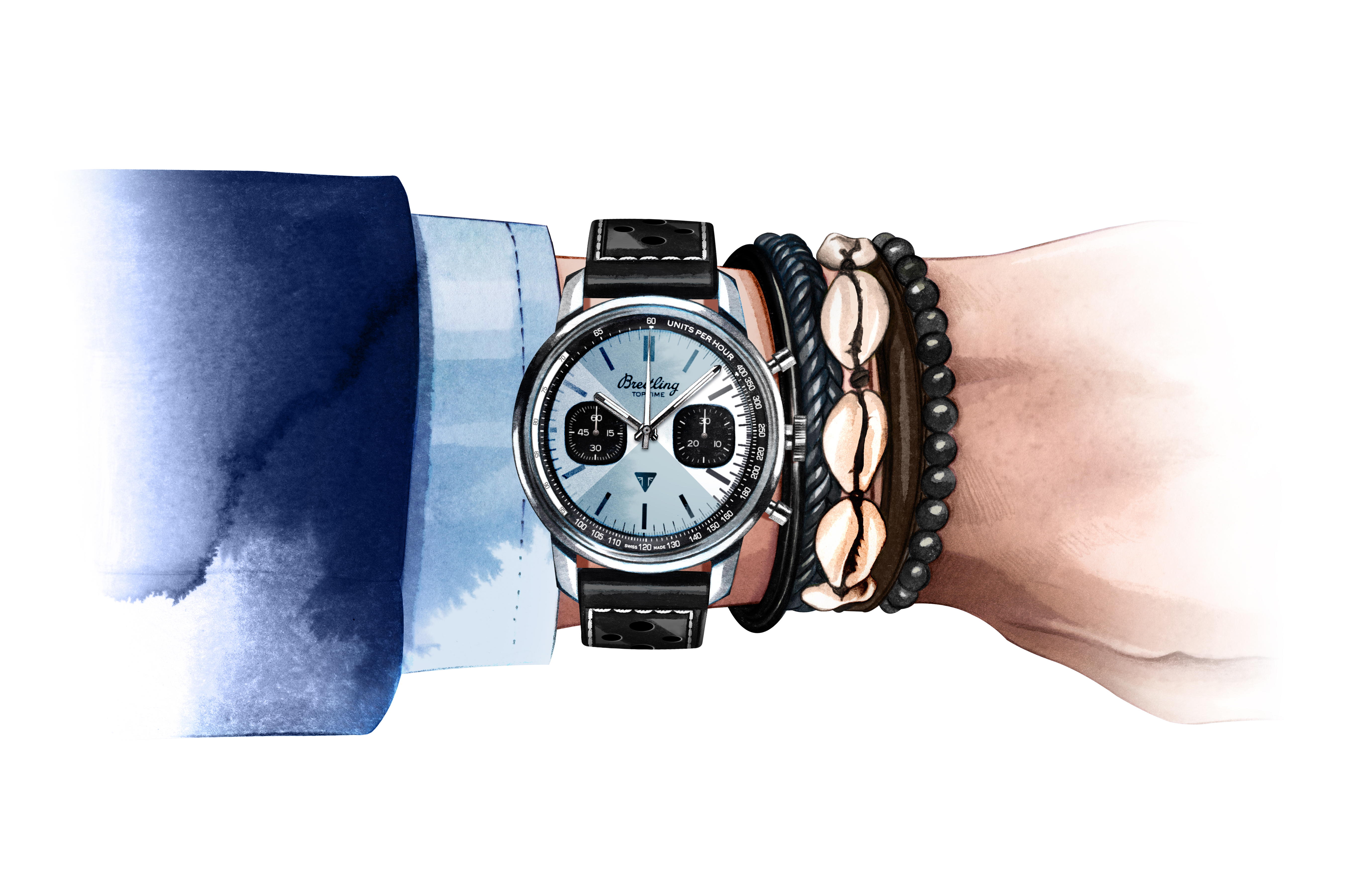 Blue dial watch illustration on man's wrist