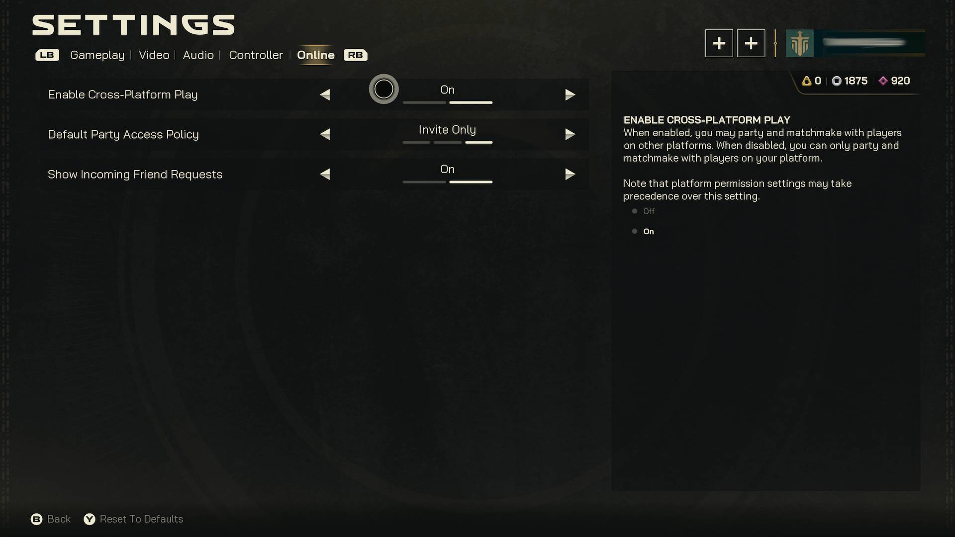 Highguard crossplay settings menu to turn it off