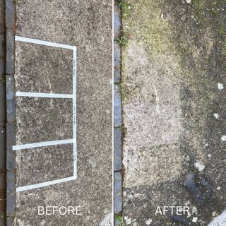 Before and after results of Wet & Forget Mould, Lichen and Algae Remover on concrete patio area