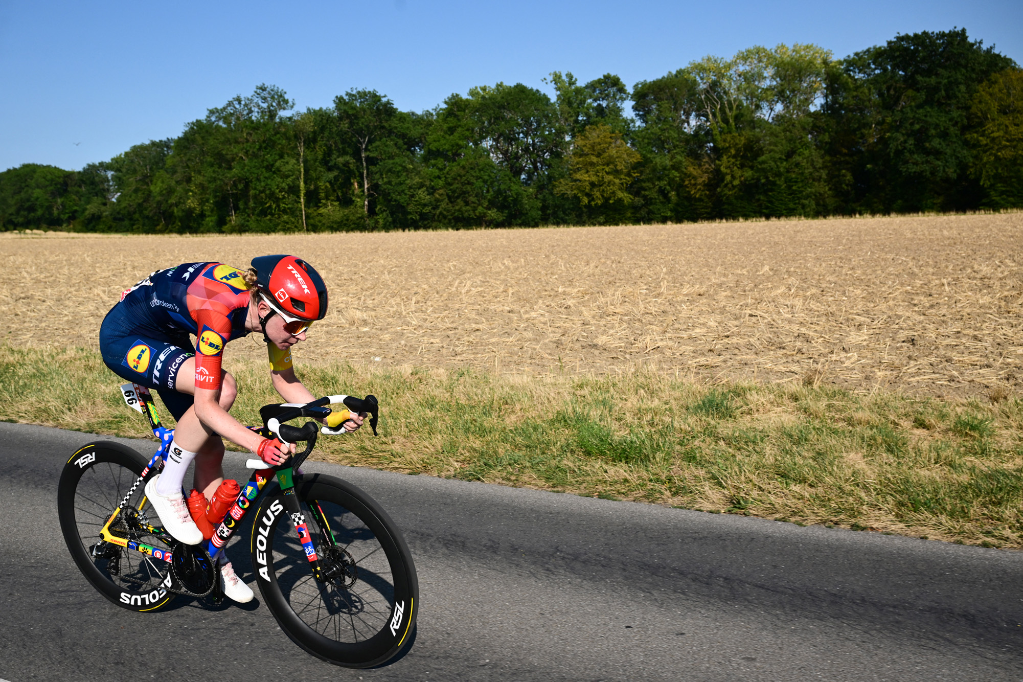 Lidl-Trek's Dutch rider Riejanne Markus competes in a breakaway during the second (out of 9) stage of the fifth edition of the Women's Tour de France cycling race, 147.9 km from Aigle to Geneva, on August 2, 2026. (Photo by Nicolas TUCAT / AFP via Getty Images)