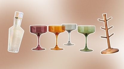 Colorful glasses, cocktail shaker, and wooden mug tree on brown background