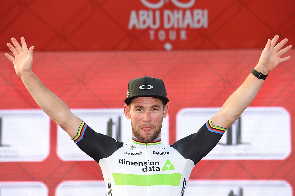 Mark Cavendish wins stage 2 and stands on the podium at stage 2 at 2016 Abu Dhabi Tour
