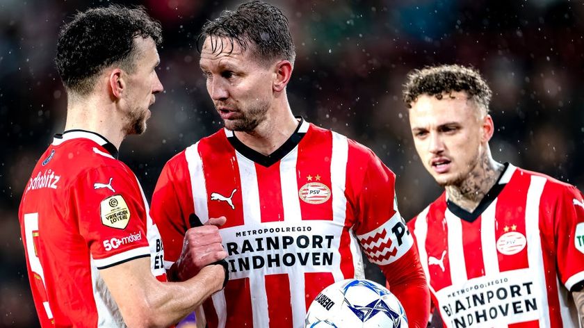 PSV Eindhoven forward Luuk de Jong and PSV Eindhoven forward Ivan Perisic play ahead of the PSV vs Arsenal Champions League last 16 match on March 4, 2025 (Photo by Marcel van Dorst / EYE4images/NurPhoto via Getty Images)