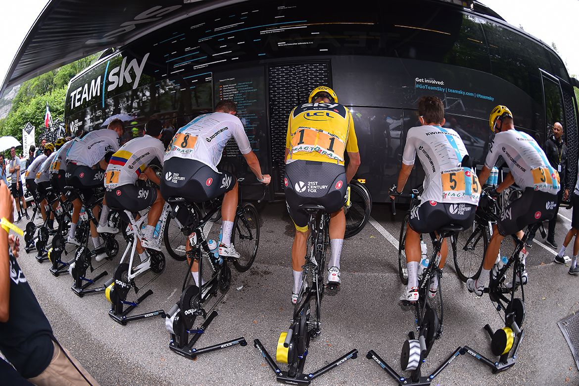 Sky warming up for stage 9 of the Tour de France