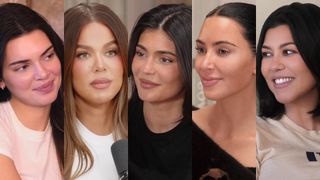 Kendall Jenner, Khloe Kardashian, Kylie Jenner, Kim Kardashian and Kourtney Kardashian are shown in side-by-side images from The Kardashians.
