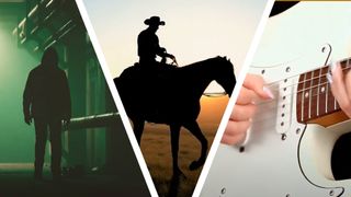 A shadowy figure walking through a tunnel, a cowboy on horseback at sunset and hands playing an electric guitar