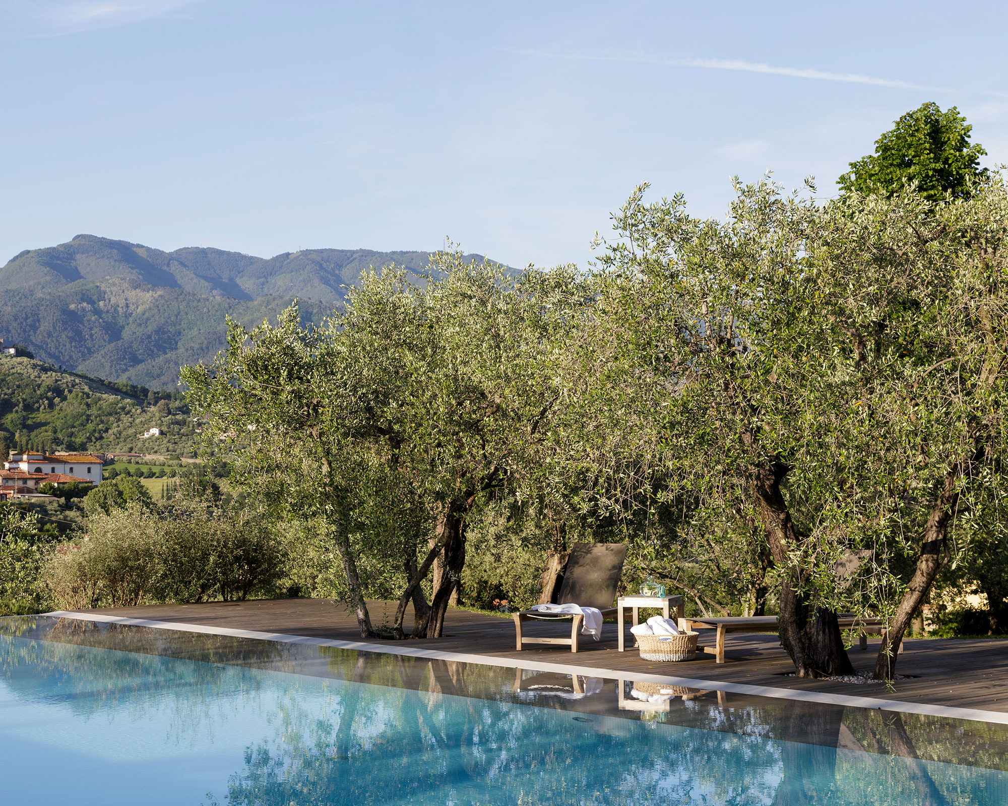 A pool next to trees and sun loungers