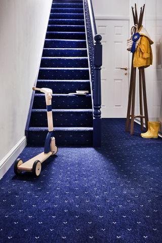 A hallway with dark blue staircase with blue and white hallway and floor carpet with wooden scooter and coat stand by Carpetright