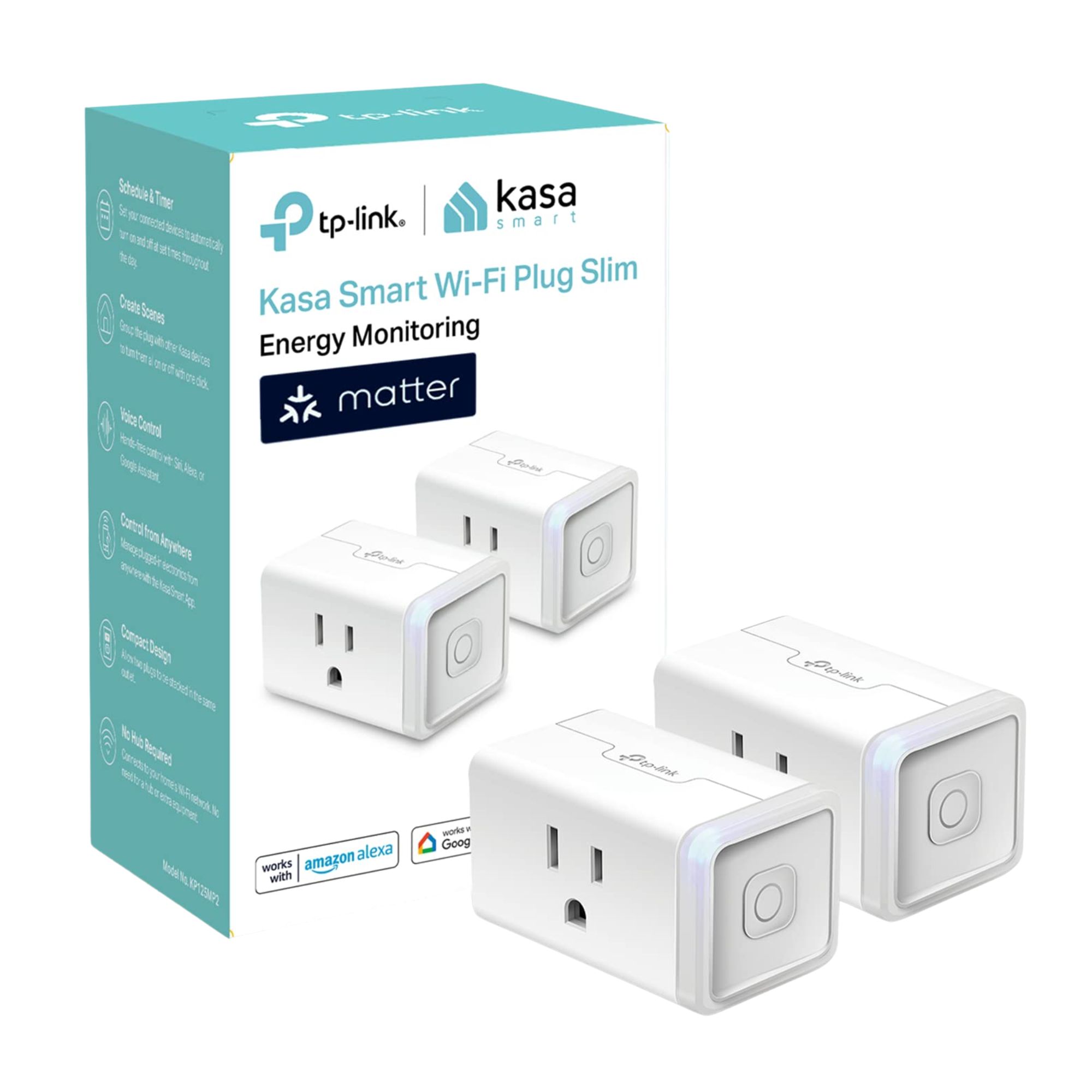 Two white smart plugs next to their blue and white cardboard packaging box