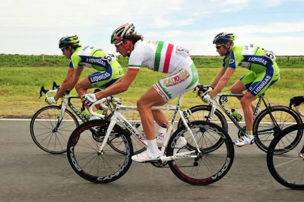 Filippo Pozzato (Katusha) rides alongside Liquigas in the peloton
