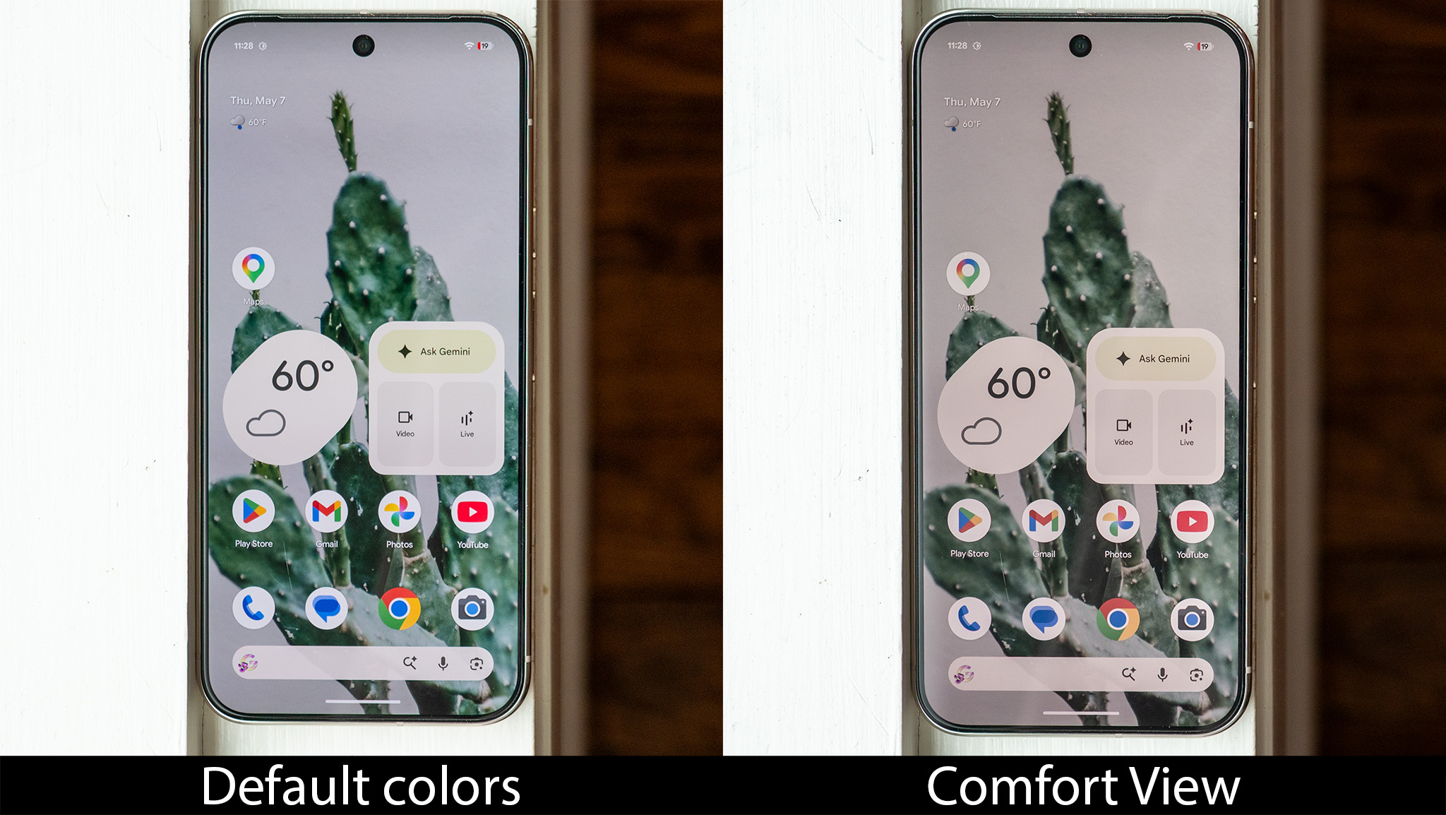 Comparing default colors to Comfort View colors on a Google Pixel 10 Pro XL
