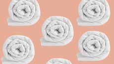 Duvet burrito method: Rolled duvet stamped on peach colored background