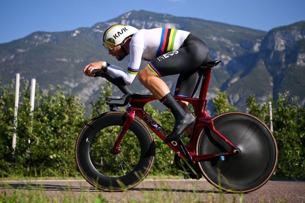 TRENTO ITALY SEPTEMBER 09 Filippo Ganna of Italysprints during the 27th UEC Road Cycling European Championships 2021 Elite Mens Individual Time Trial a 224km race from Trento to Trento UECcycling ITT on September 09 2021 in Trento Italy Photo by Justin SetterfieldGetty Images