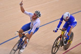 Elia Viviani (Italy) celebrates winning the Elimination race