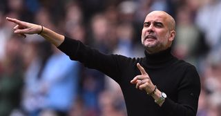 Manchester City manager Pep Guardiola gestures on the touchline during the English Premier League football match between Manchester City and Nottingham Forest at the Etihad Stadium in Manchester, north west England, on September 23, 2023.