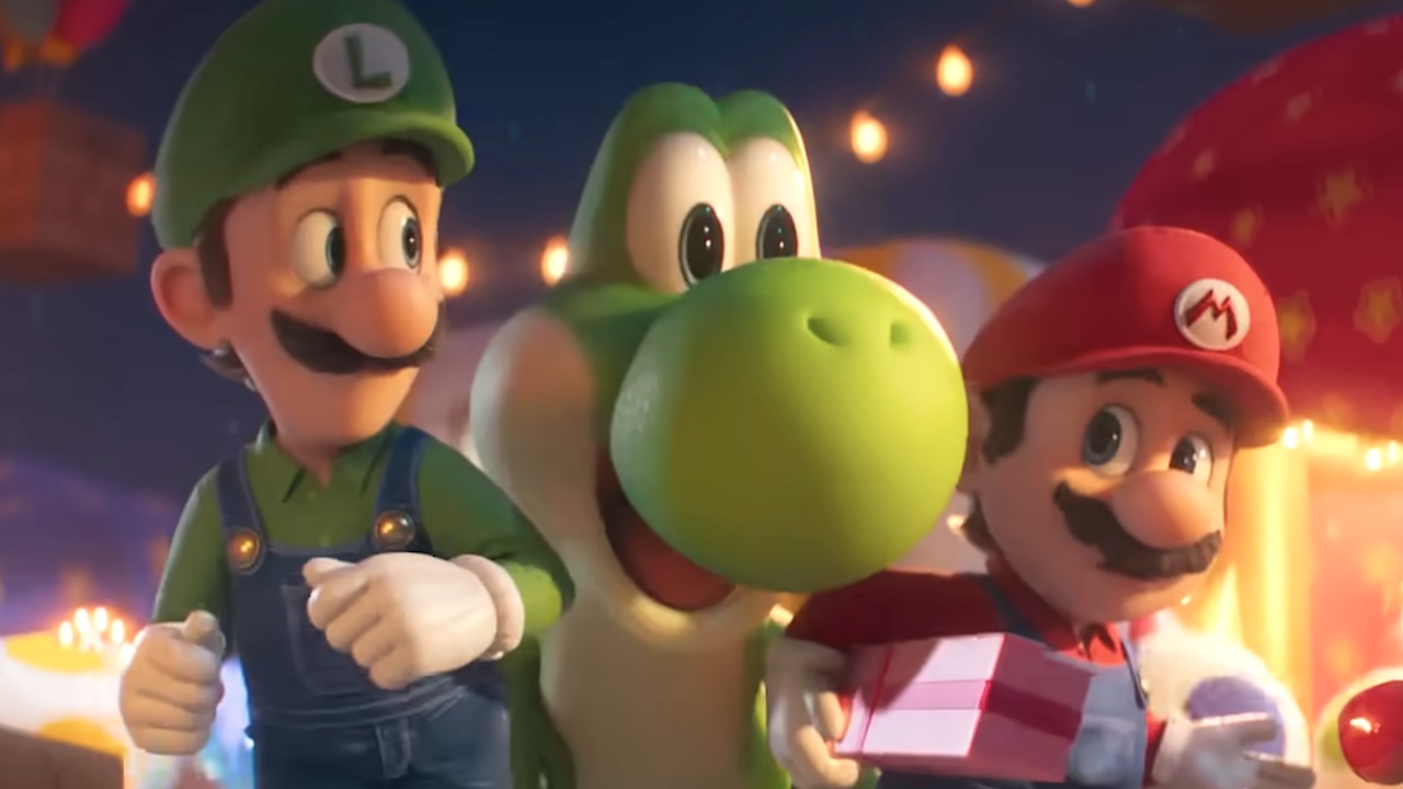 Yoshi smiling between Mario and Luigi in The Super Mario Galaxy Movie