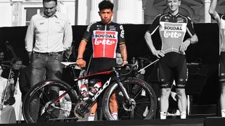 Caleb Ewan on stage at the teams presentation ahead of the Giro d'Italia