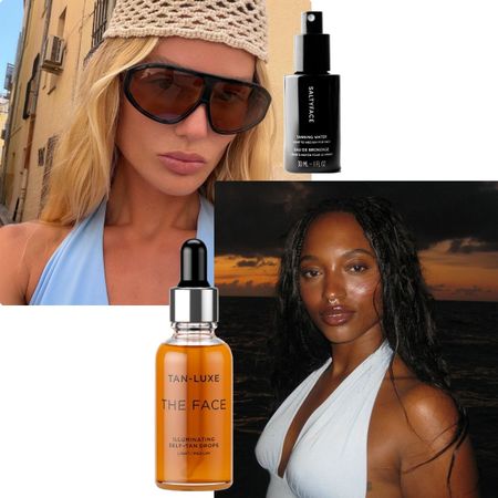 A collage of women with sun-kissed, bronzed skin in beach environments. 