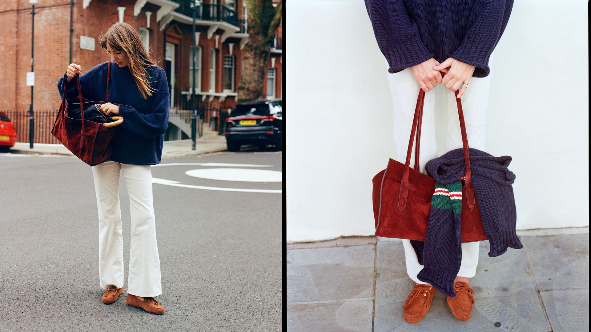 Woman in white corduroys, brown suede, bag, and a navy sweater