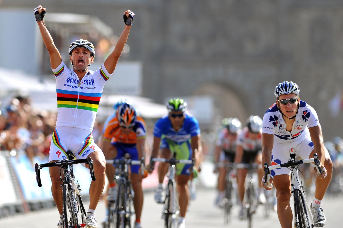 Paolo Bettini winning in the rainbow jersey as world champion