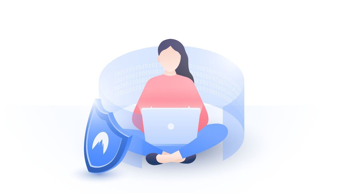 Cartoon of a woman using a laptop with NordVPN logo