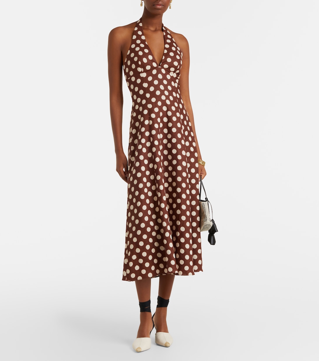 Marais Polka-Dot Linen Midi Dress in Brown - Faithfull