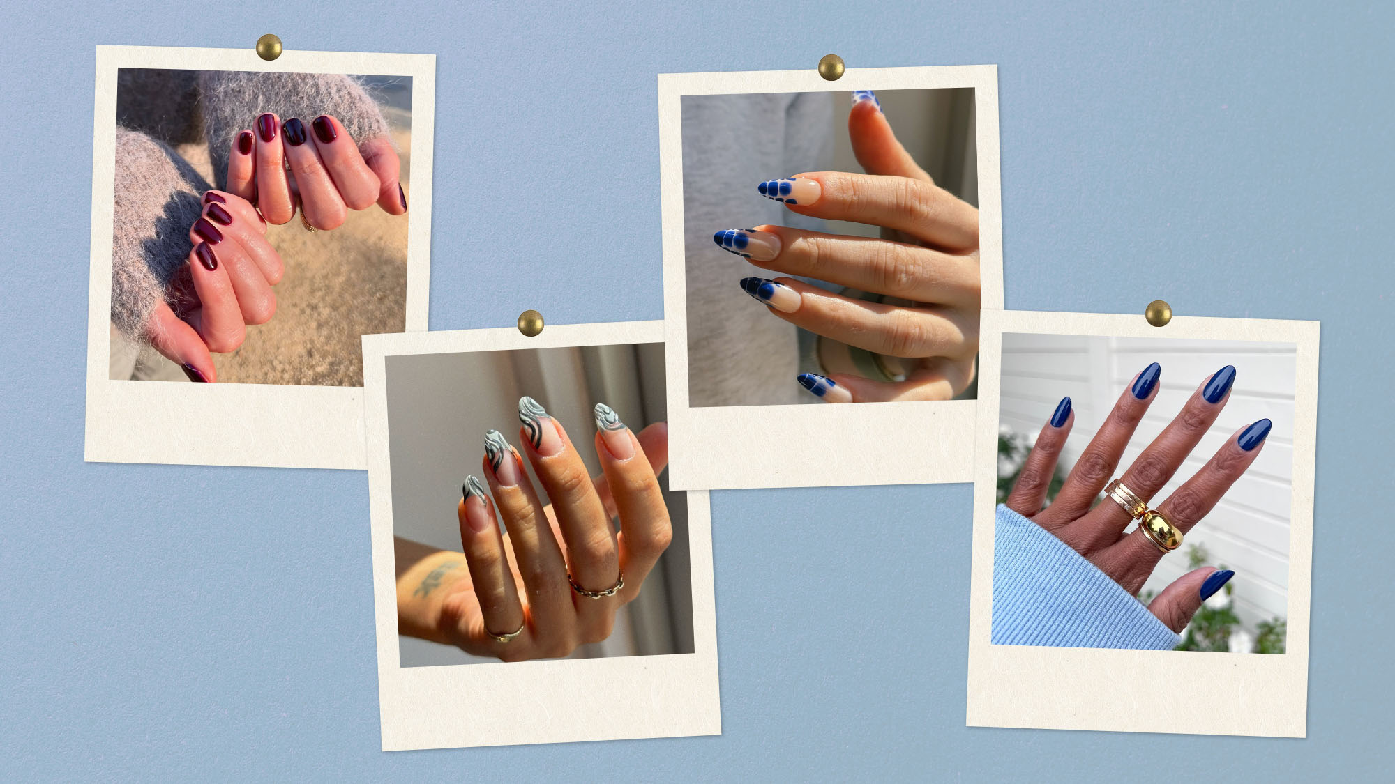 A collage of winter nail trend images.