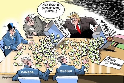 Political Cartoon U.S. Trump tariffs trade negotiation jigsaw puzzle China European Union Mexico Canada