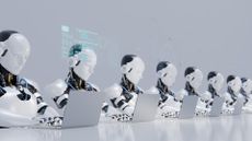 an illustration of a line of robots working on computers