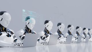 an illustration of a line of robots working on computers